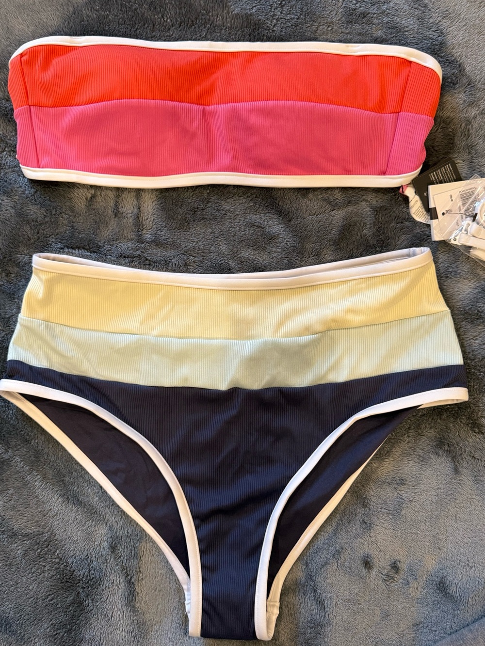 NWT Rip Curl Striped Two-Piece Bandeau Bikini Set in Coral, Pink, Yellow & Navy